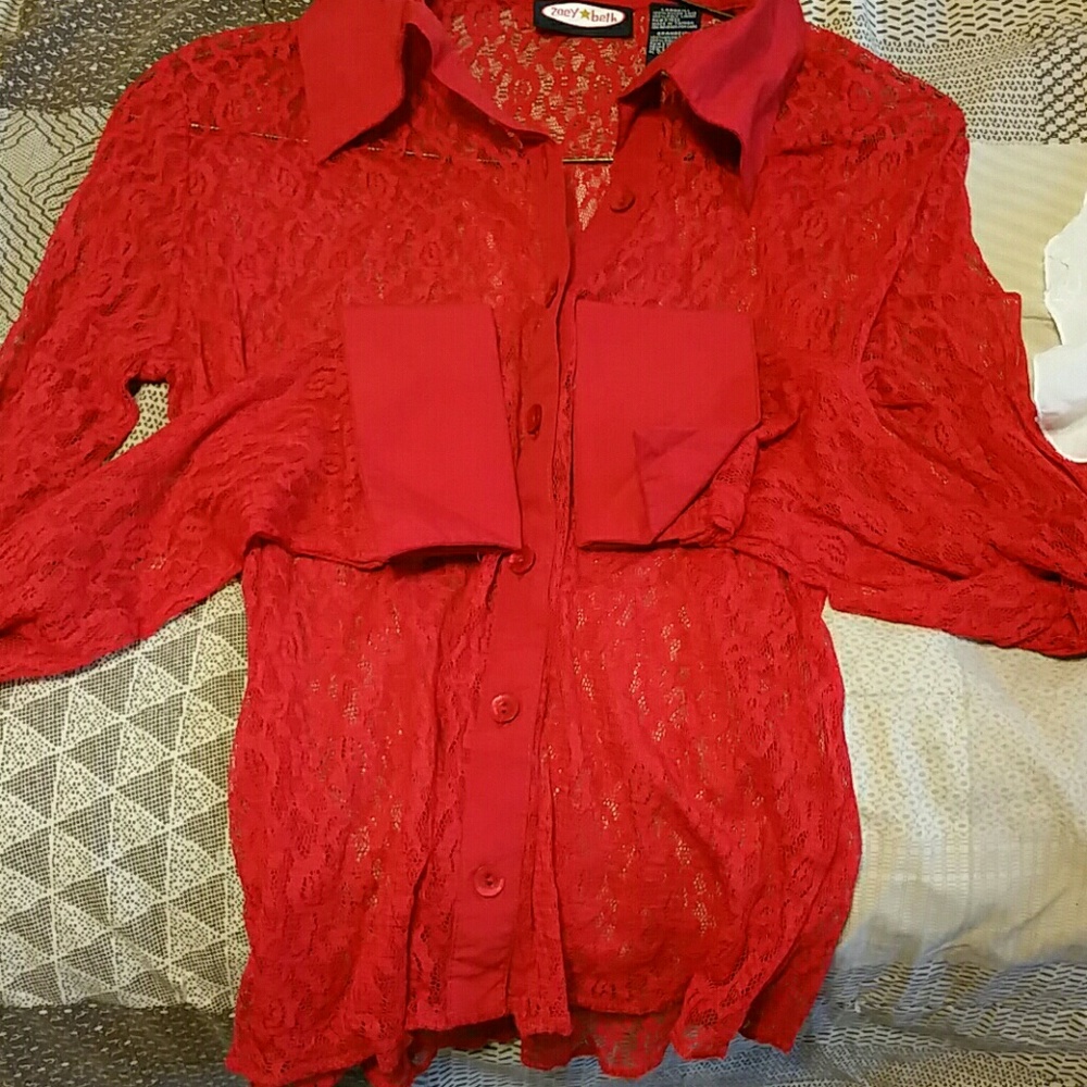 Red lace button down blouse.